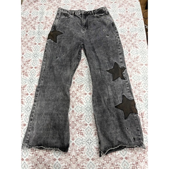 Daisy Street Denim - Daisy Street Star Patch Wide Leg Jeans Acid Wash Black Grommet Y2K Size 13